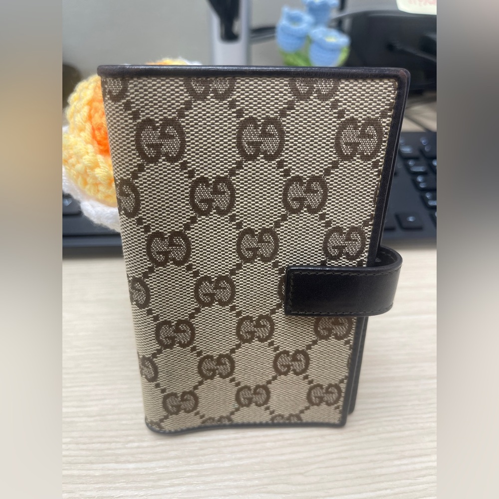 Vintage GUCCI GG Canvas Brown Drk Brown Lthr Bifold Diary Day Planner/Organizer